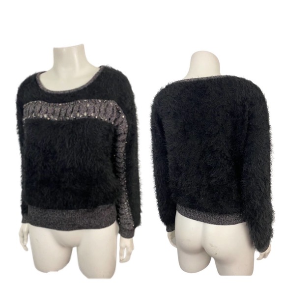 1990s Black Studded Fuzzy Cutout Designer Sweater Clubwear / Women’s Small - Picture 3 of 4